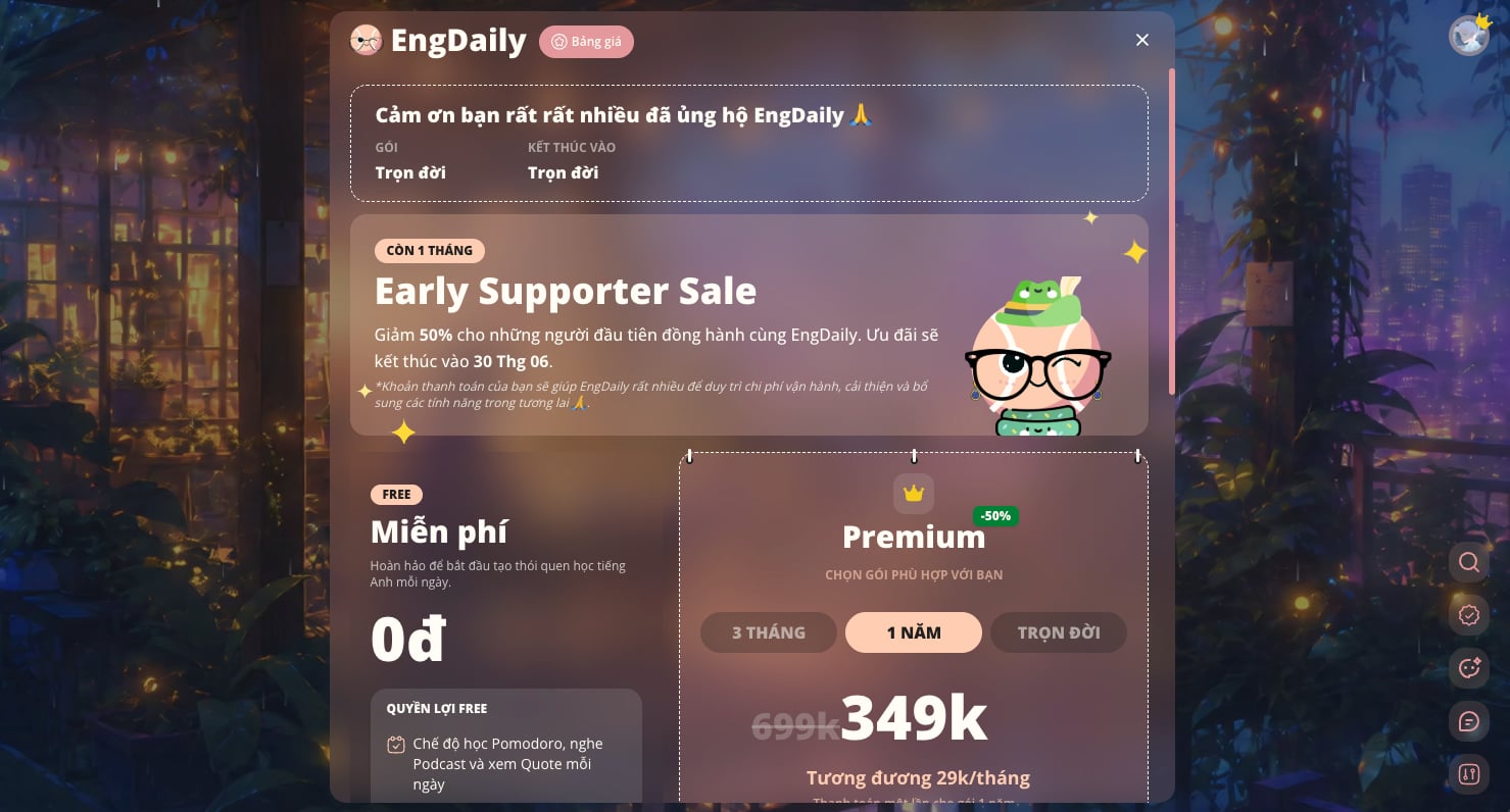 EngDaily gỉảm giá 50% các gói premium