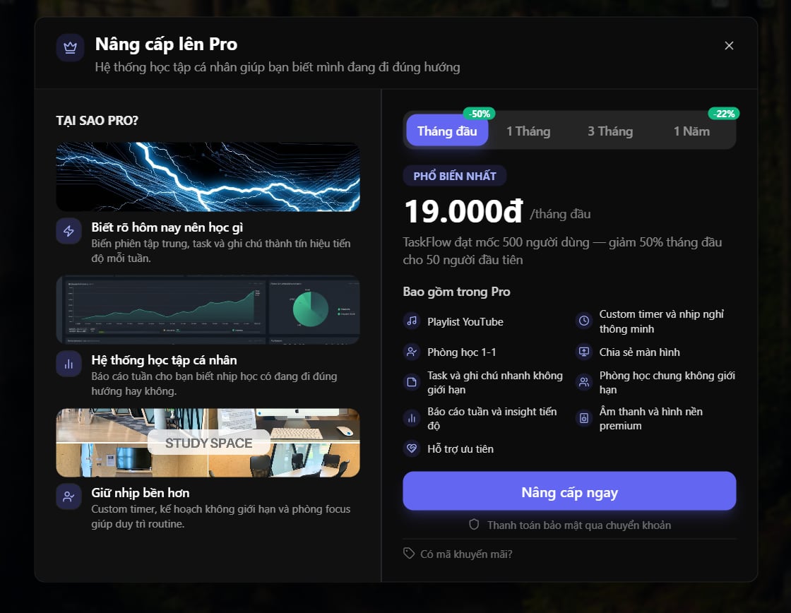 🎉 TaskFlow đạt 500 người dùng — tặng bạn ưu đãi 50% Pro