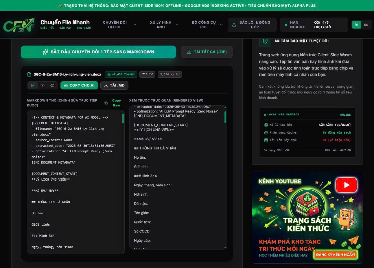 🚀 RA MẮT CÔNG CỤ: CHUYỂN WORD, EXCEL, PPT & PDF SANG MARKDOWN SẠCH 100% OFFLINE