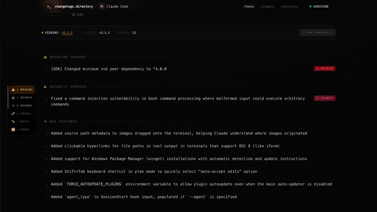 changelogs.directory screenshot