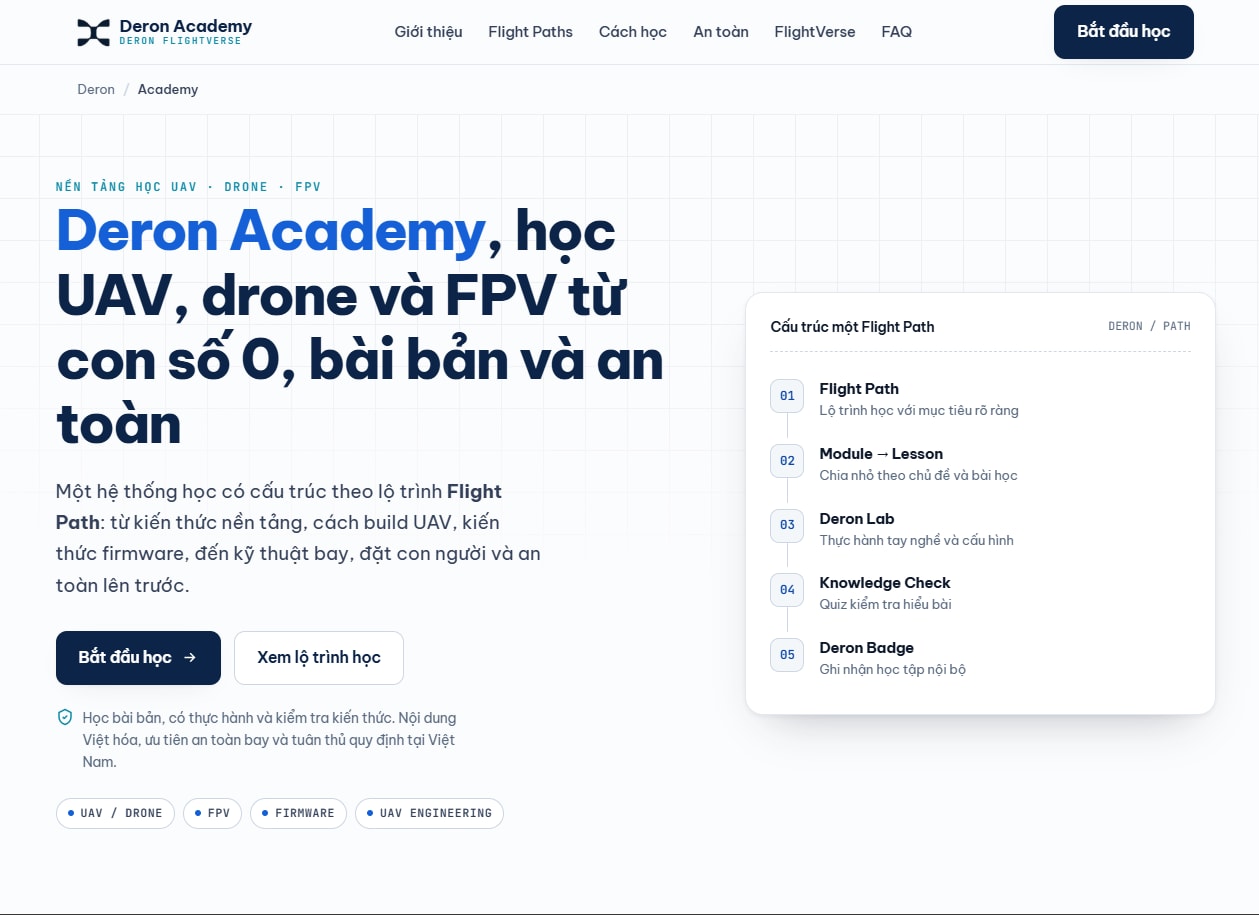 Deron Academy (sắp ra mắt) Nền tảng học UAV/Drone từ cơ bản đến ứng dụng thực tế
