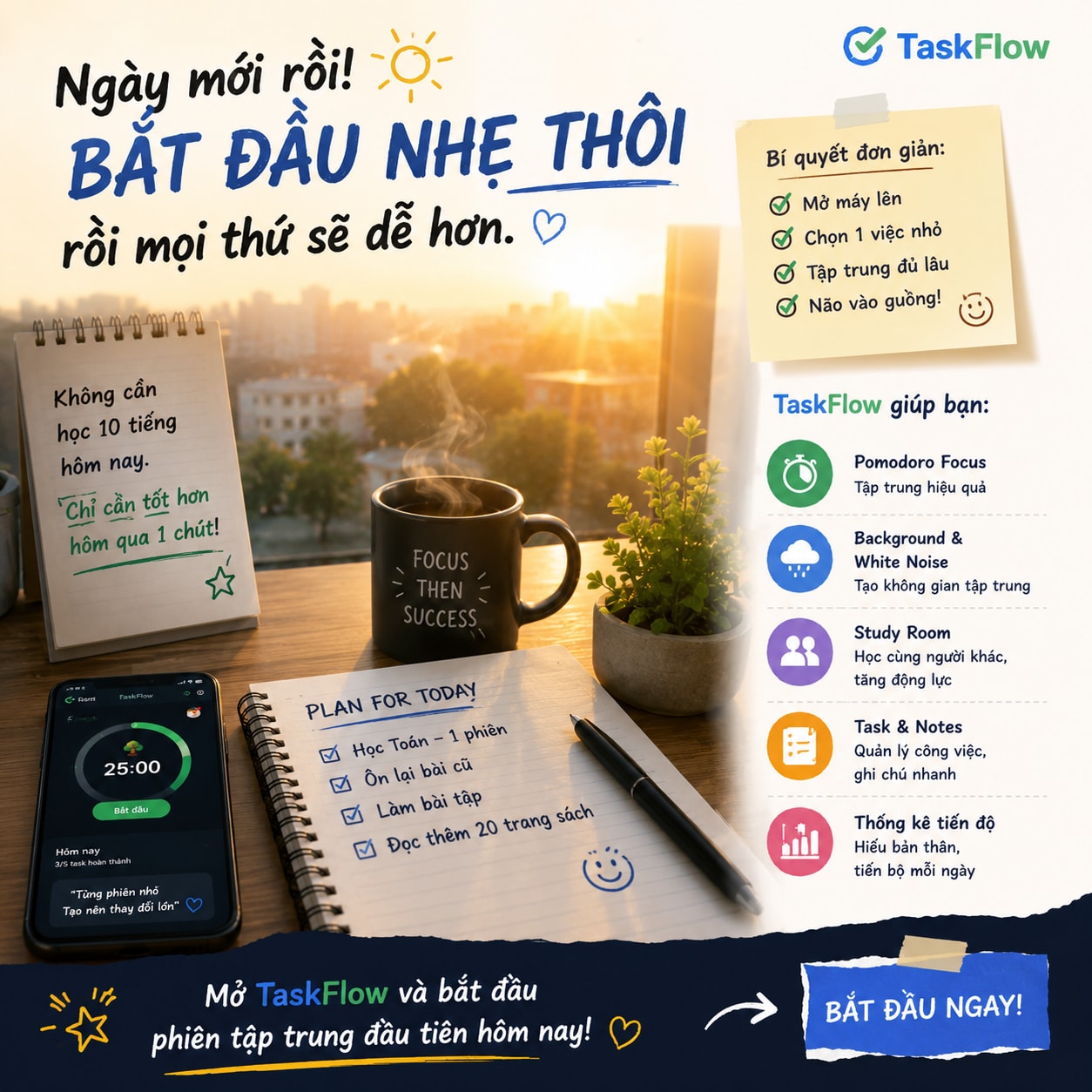 Biến TaskFlow thành một “study workspace” dễ vào mood hơn mỗi ngày