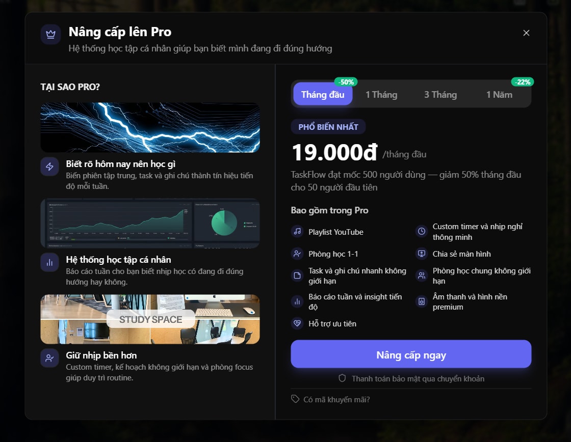 🎉 TaskFlow đạt 500 người dùng — tặng bạn ưu đãi 50% Pro