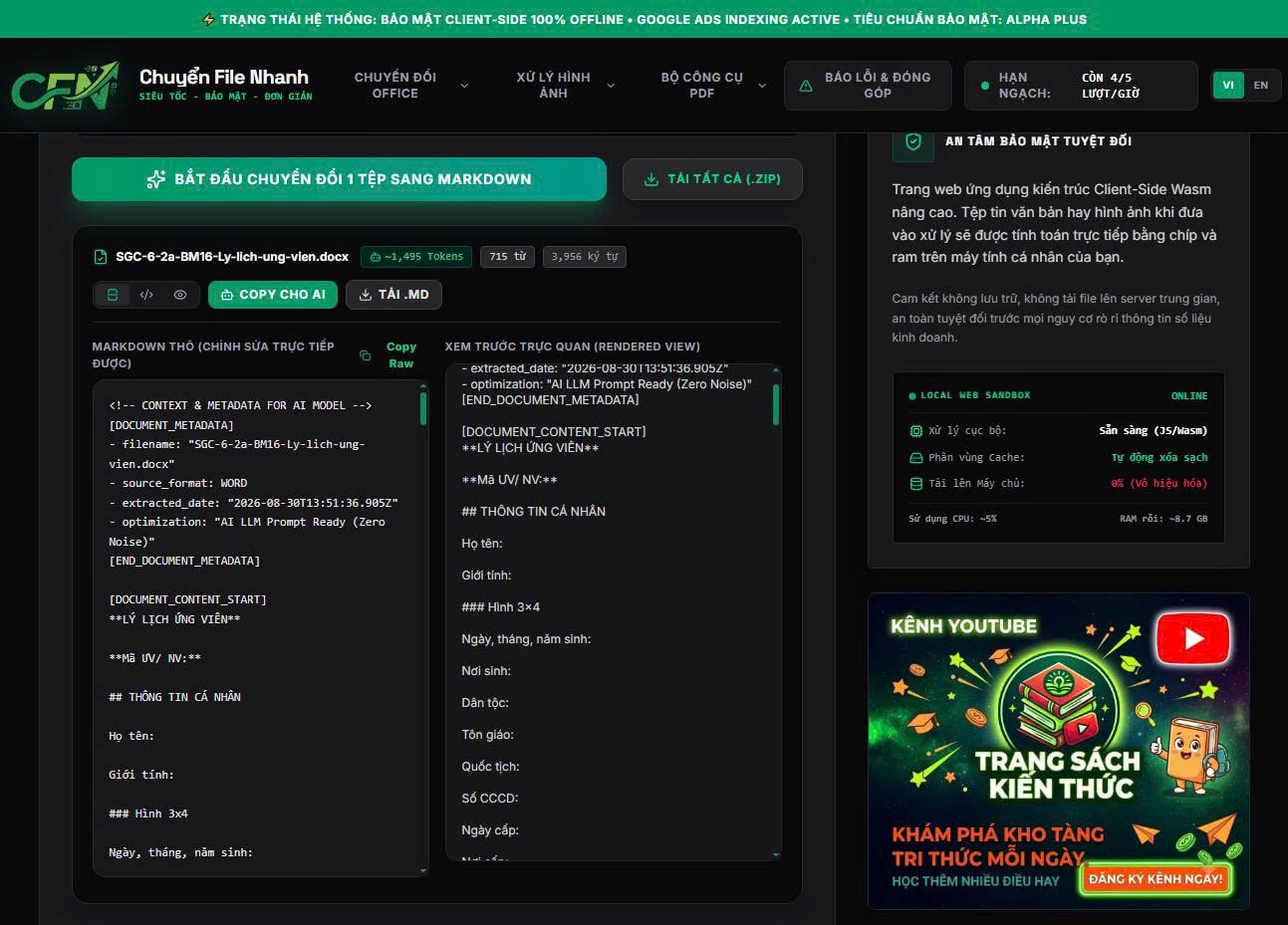 🚀 RA MẮT CÔNG CỤ: CHUYỂN WORD, EXCEL, PPT & PDF SANG MARKDOWN SẠCH 100% OFFLINE